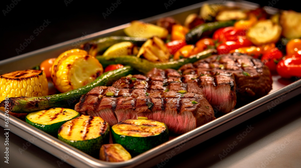Fresh juicy tenderloin steak with stewed vegetables on a fiery grill. Generative Ai,