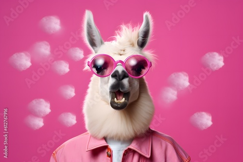 80's style dressed hipster llama in glasses on pink background, Generative AI
