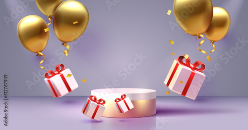 Gift scene mega sale, shopping podium banner, celebration pedestal. Vector illustration