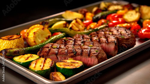 Fresh juicy tenderloin steak with stewed vegetables on a fiery grill. Generative Ai 