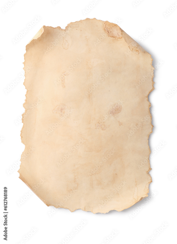 Sheet of old parchment paper on white background, top view