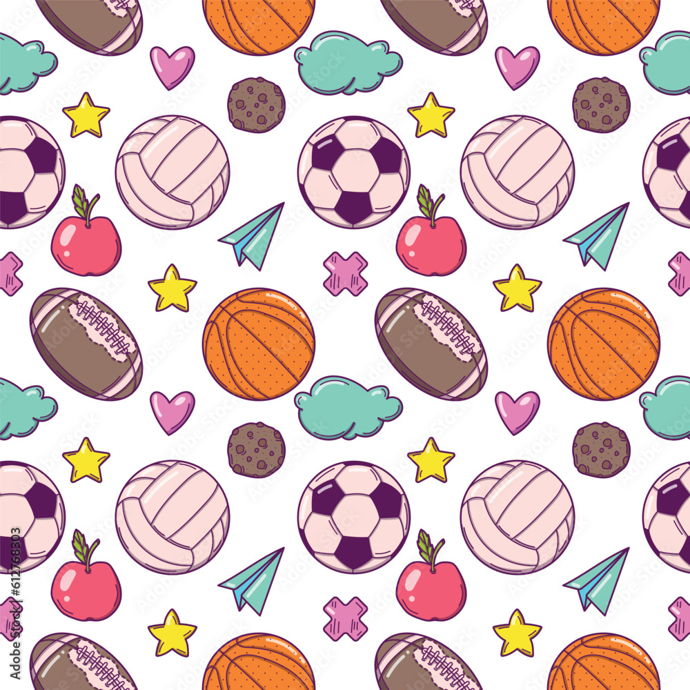 Seamless pattern with cartoon balls in doodle style from popular team sports on a white background