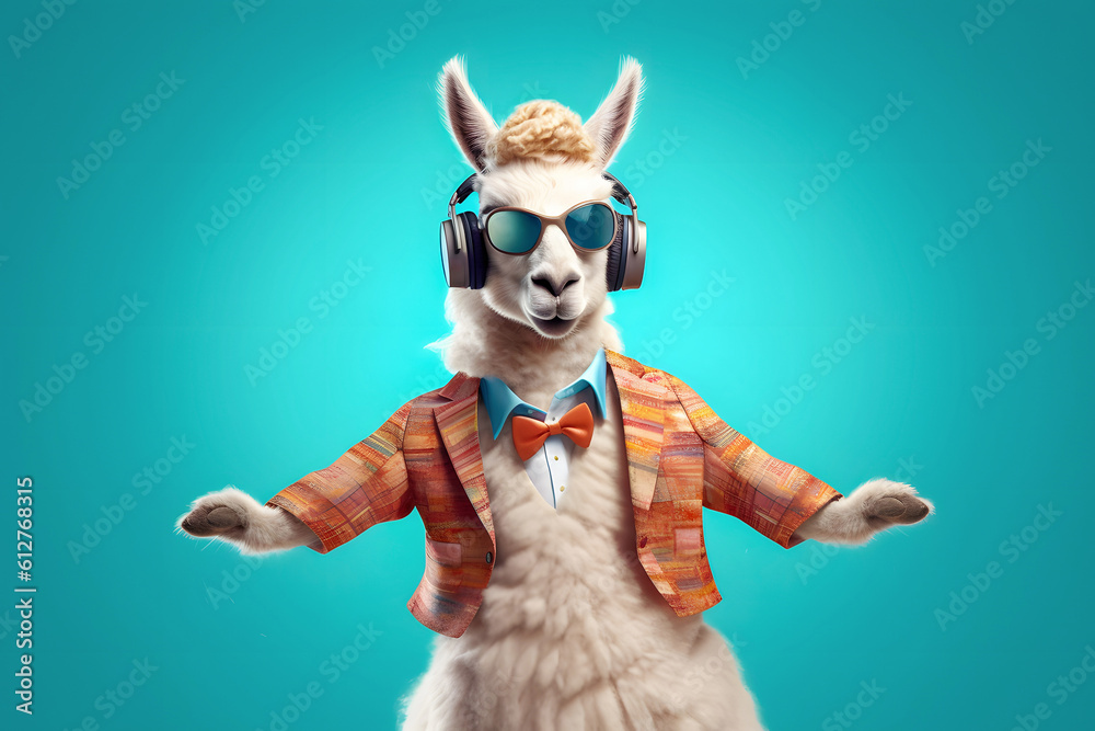 stylish lamma in headphones and trendy glasses on blue background, Generative AI stylish lamma in headphones and trendy glasses on blue background, Generative AI