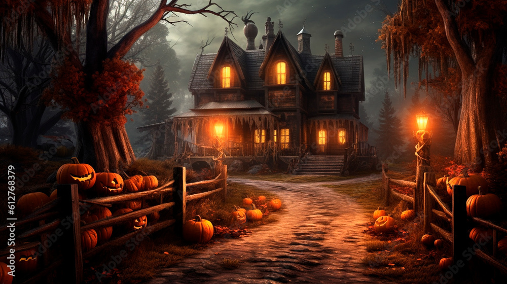 Obraz premium Dark halloween background with pumpkins. Generative AI,