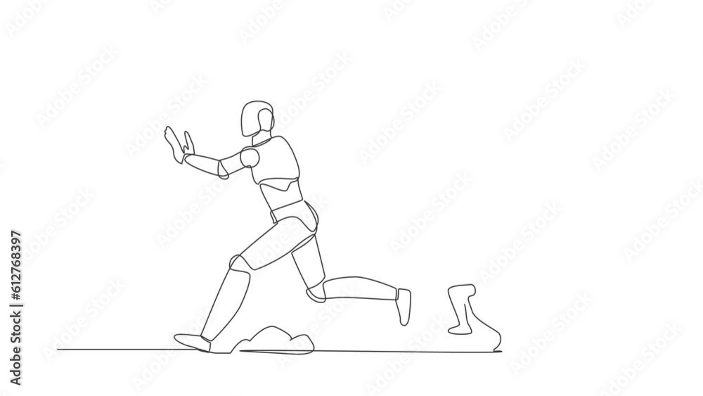 Self drawing animation of single line draw stressed robot being chased by stopwatch. Afraid in project measurement and deadline. Robotic technology development. Continuous line. Full length animated Self drawing animation of single line draw stressed robot being chased by stopwatch. Afraid in project measurement and deadline. Robotic technology development. Continuous line. Full length animated