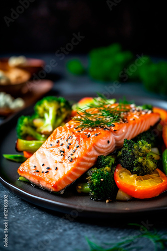 Grilled salmon with vegetables, keto diet dish. Generative Ai,