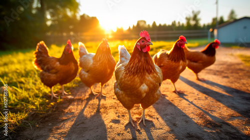 a group of chickens near the farm in the sun looks at the camera. Generative Ai,