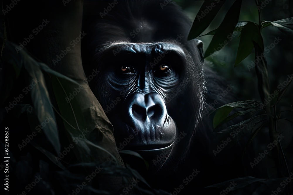 Obraz premium Beautiful gorilla peeking through leaves in the rainforest. Generative AI