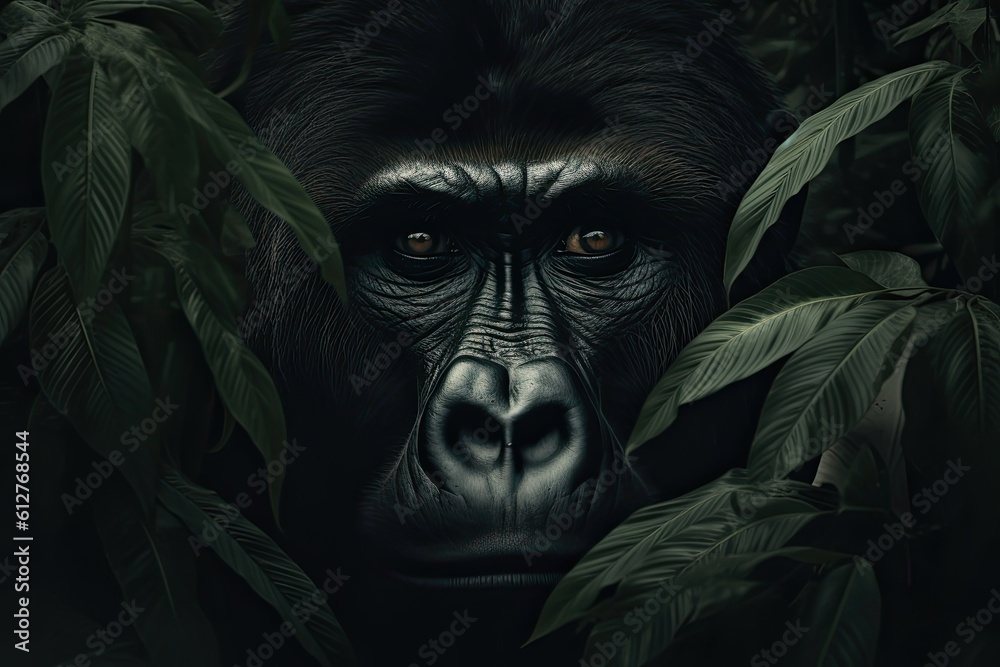 Beautiful gorilla peeking through leaves in the rainforest. Generative AI