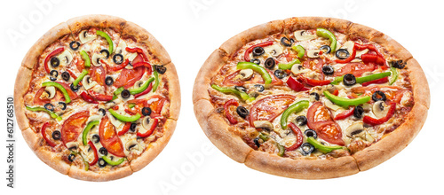 Delicious vegetarian pizza with tomatoes, mushrooms, mozzarella, peppers and olives, cut out photo