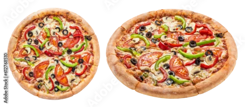 Obraz  z motywem Delicious vegetarian pizza with tomatoes, mushrooms, mozzarella, peppers and olives, cut out