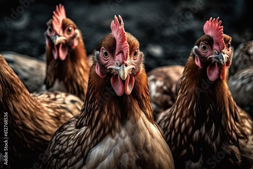 A group of hens and roosters looks at the camera. Generative AI © Gelpi