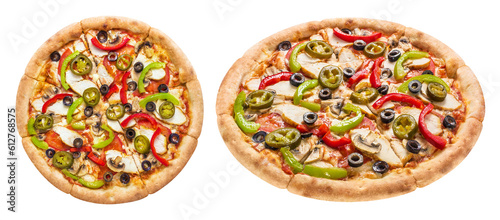 Delicious pizza with mushrooms, mozzarella, peppers, tomatoes and olives, cut out
