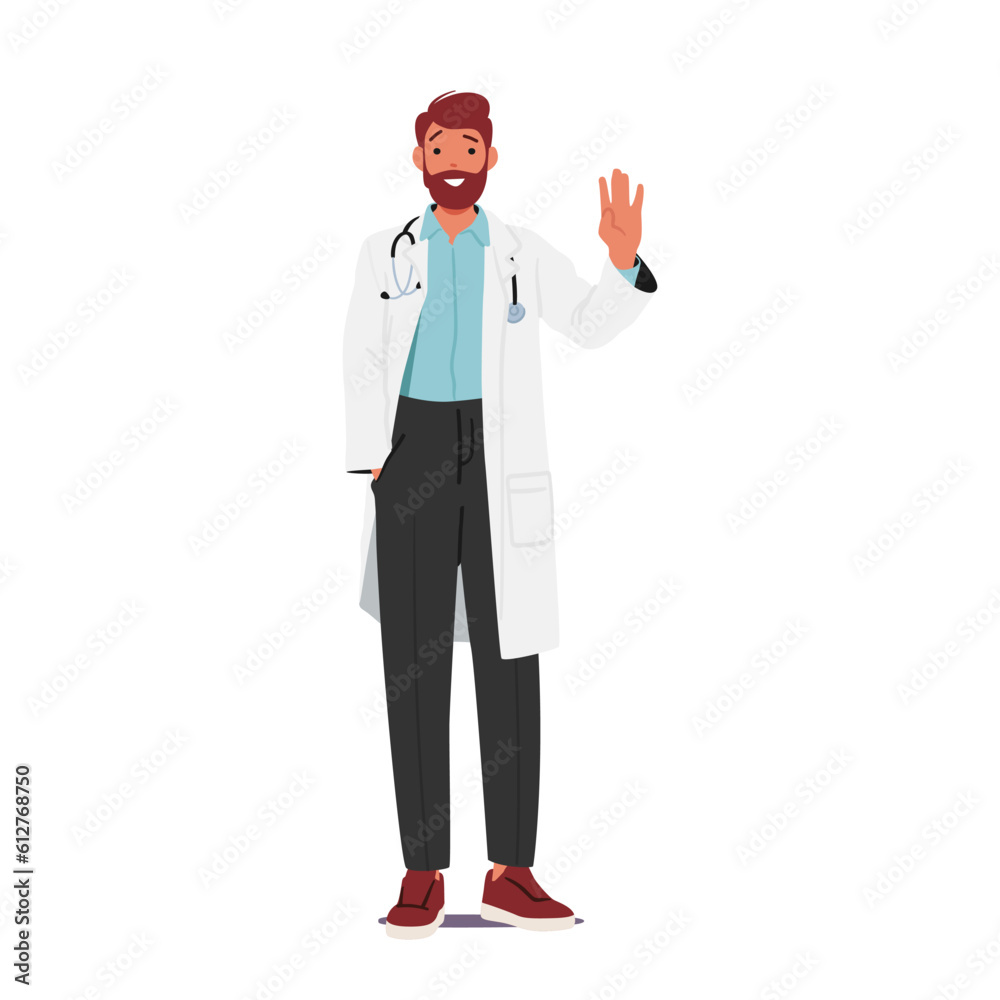 Confident Male Doctor Character Wear Lab Coat Standing With A Friendly Waving Hand Gesture, Exuding Professionalism Confident Male Doctor Character Wear Lab Coat Standing With A Friendly Waving Hand Gesture, Exuding Professionalism