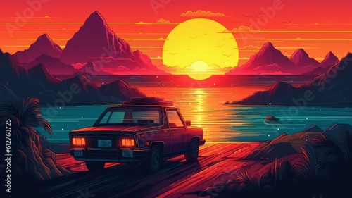 Summer vibes 80s style illustration with car driving into sunset. Generative AI