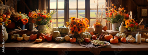 celebration harvest abundance pumpkin flower arrangements on the table in a cozy country room. Generative AI 