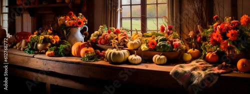 celebration harvest abundance pumpkin flower arrangements on the table in a cozy country room. Generative AI,