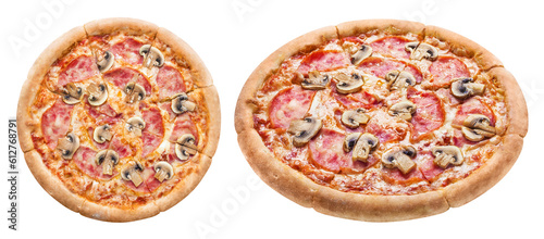 Delicious pizza with mushrooms, mozzarella, tomato sauce and ham, cut out