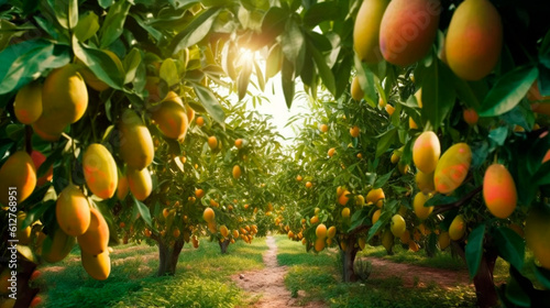 Mango garden on trees. Generative Ai,