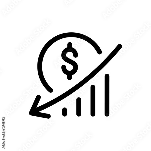 Monoline vector diagram with arrow and sign dollar logo icon. Graph trending downwards, Arrow pointing down on graph illustration. symbol unsuccessful business finance investment