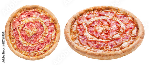 Delicious pizza with mozzarella, bacon and tomato sauce, cut out