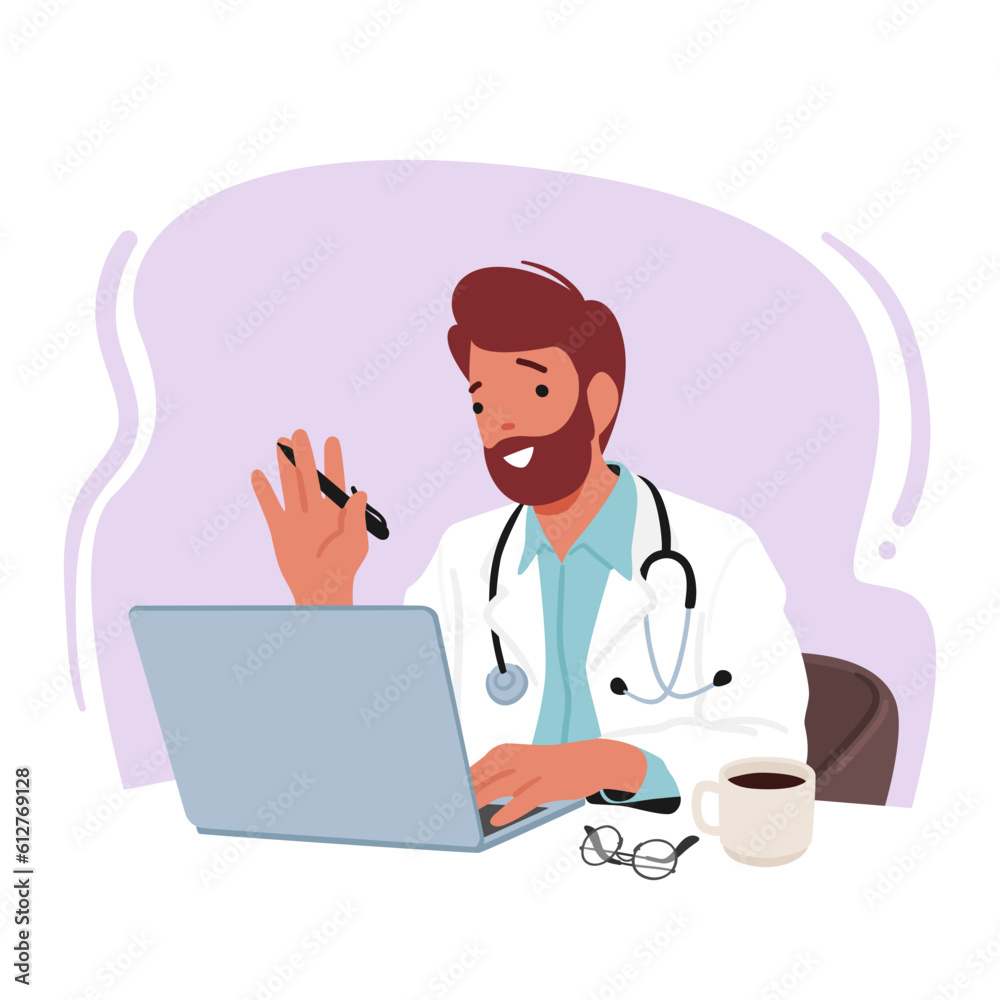 Smiling Male Doctor Character Diligently Working On His Laptop, Chatting By Video Conference, Utilizing Technology Smiling Male Doctor Character Diligently Working On His Laptop, Chatting By Video Conference, Utilizing Technology