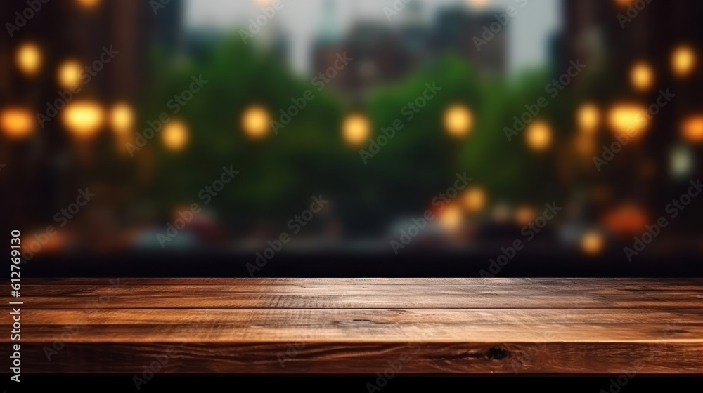 Empty dark wooden counter with an open window, in the style of bokeh panorama Empty dark wooden counter with an open window, in the style of bokeh panorama