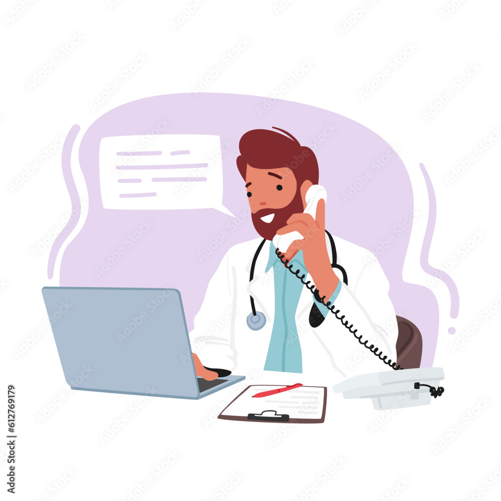 Professional Male Doctor Character Multitasking With A Laptop And Phone, Efficiently Managing Patient Records Professional Male Doctor Character Multitasking With A Laptop And Phone, Efficiently Managing Patient Records