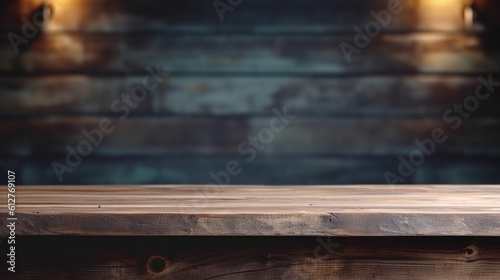 Empty dark wooden counter with an open window, in the style of bokeh panorama