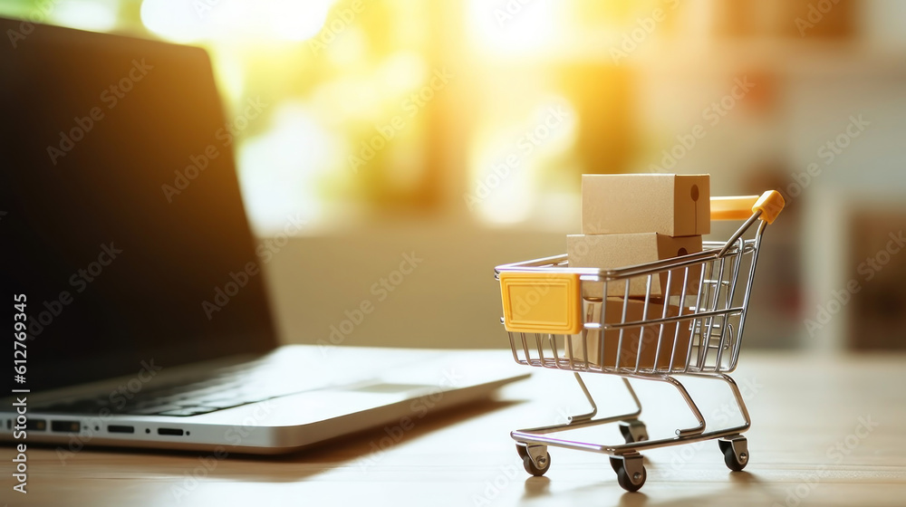 Model shopping cart and laptop keyboard on wood table in office background