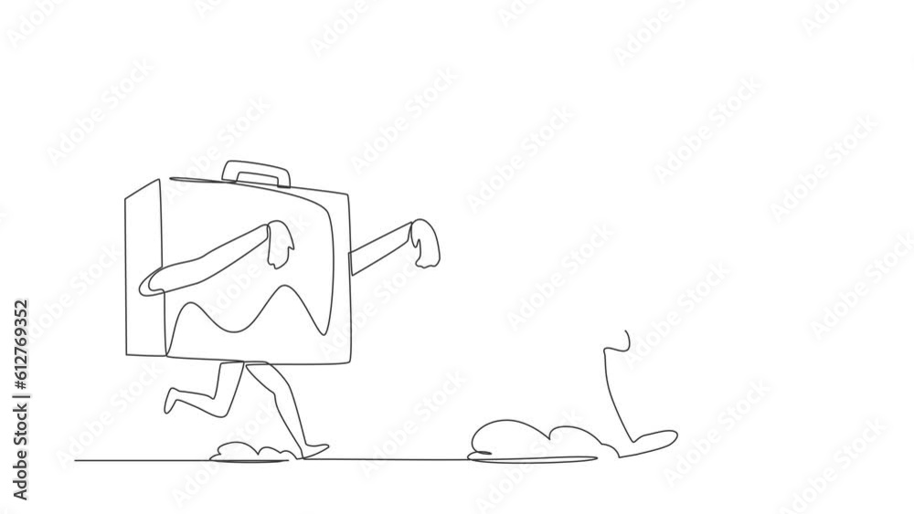 Animated self drawing of continuous one line draw robot being chased by briefcase. Afraid with evaluation of project performance. Humanoid robot cybernetic organism. Full length single line animation Animated self drawing of continuous one line draw robot being chased by briefcase. Afraid with evaluation of project performance. Humanoid robot cybernetic organism. Full length single line animation