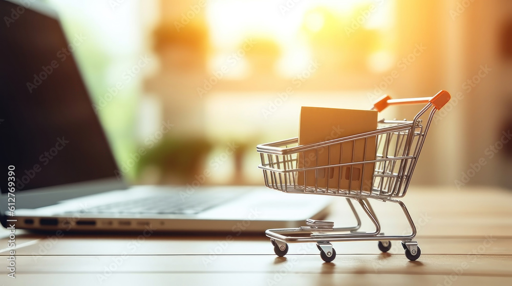 Model shopping cart and laptop keyboard on wood table in office background