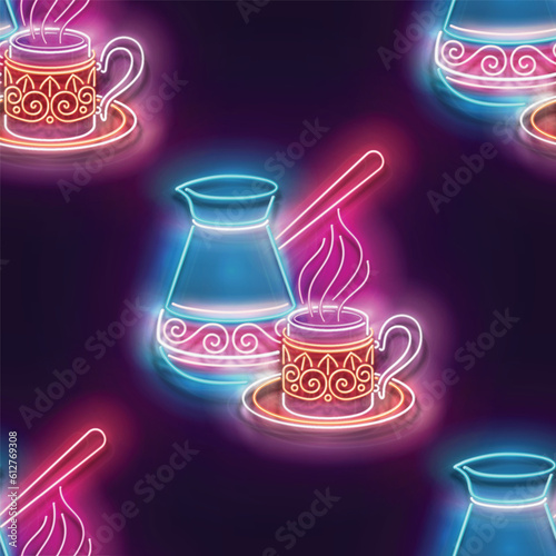 Seamless pattern with glow Decorated Cezve with Cup of Coffee. Coffee House Label, Traditional Drink. Neon Light Texture, Signboard. Glossy Background. Vector 3d Illustration
