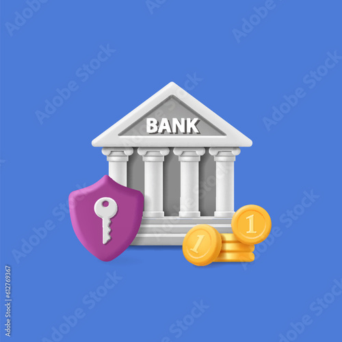 Bank building with coins and shield. Deposit and investment protection concept. Banking financial transactions 3d vector icon.