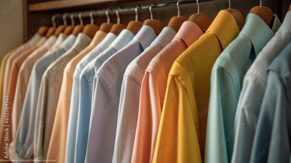 Clouse up mens shirts hanging neatly in the closet 