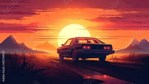 Summer vibes 80s style illustration with car driving into sunset. Generative AI © Unionproject