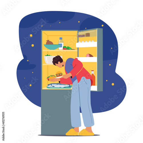Late-night Snacking. Male Character Opens Fridge In Search Of Midnight Treat. Hunger Strikes As They Explore Contents