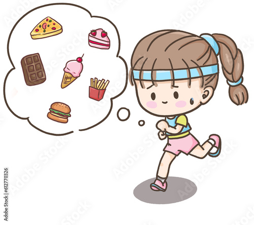 Cute cartoon images, girls who are exercising by running to lose weight from eating foods that make obesity, with a box showing a dessert food that increases weight as an idea to lose weight.