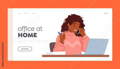 Office at Home Landing Page Template. Woman Character Working On Laptop And Making A Phone Call Simultaneously