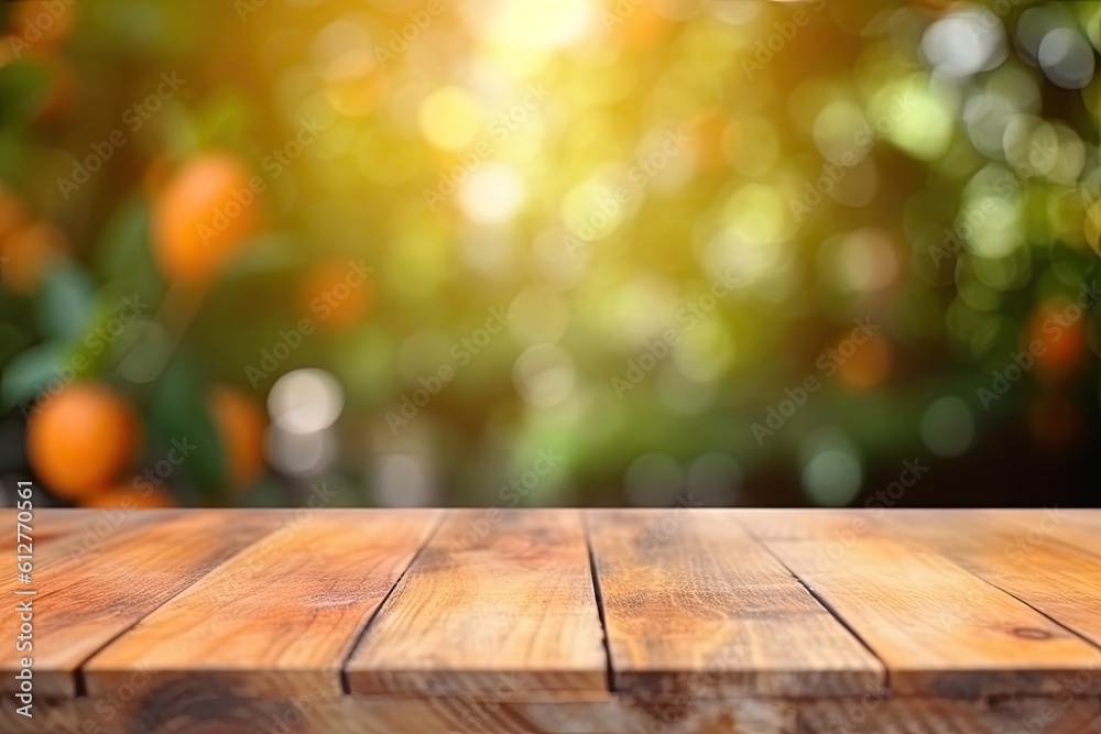 Natural Wooden Tabletop with Summer orange Garden Bokeh Background and Copy Space for Display