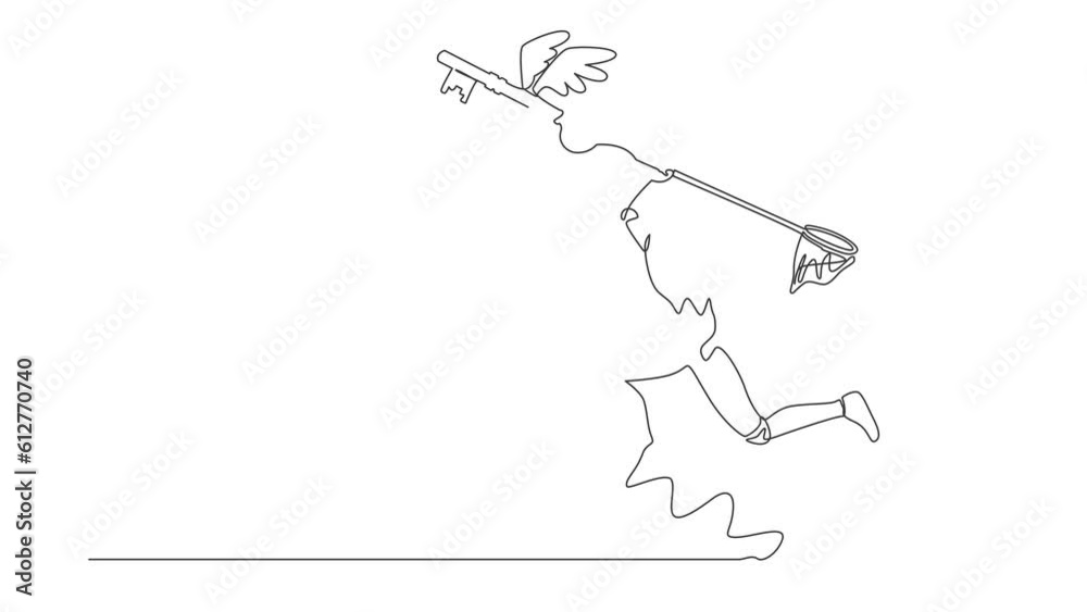 Animated self drawing of single continuous line draw robot try to catching flying key with net. Find key to solve technology problems. Robotic artificial intelligence. Full length one line animation Animated self drawing of single continuous line draw robot try to catching flying key with net. Find key to solve technology problems. Robotic artificial intelligence. Full length one line animation