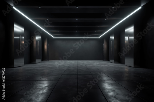Dark background. Empty space with recessed lights on a reflective concrete floor  generative ai