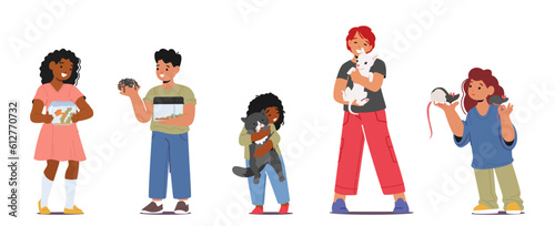 Children Characters Bonding With Their Beloved Pets, Creating Friendships. Playful Interactions and Love, Illustration
