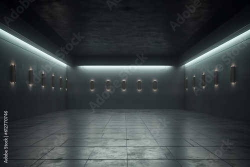 Dark background. Empty space with recessed lights on a reflective concrete floor, generative ai
