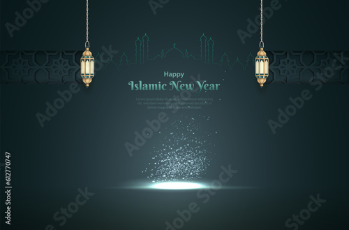 happy islamic new year card design with gold lanterns
