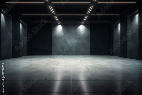 Dark background. Empty space with recessed lights on a reflective concrete floor, generative ai