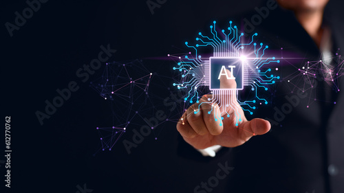 Foto Artificial intelligence AI circuit board in shape electronic PCB circuit icon symbol on businessman hand finger touching with cyberpunk neon cyberspace lighting