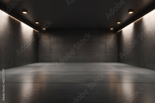 Dark background. Empty space with recessed lights on a reflective concrete floor, generative ai © MUS_GRAPHIC