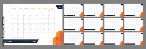 Urban infrastructure development desk calendar design template for 2023 year. Editable 12 months pages set. Week starts on Sunday. Monthly custom schedule pack ready for print. Open Sans font used