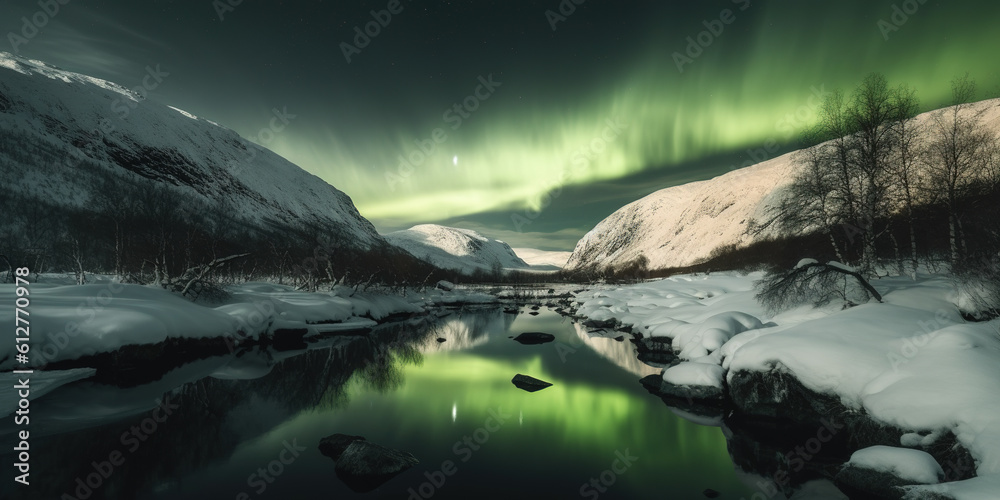 amazing night panoramic view with mountains and Northern Lights in the sky